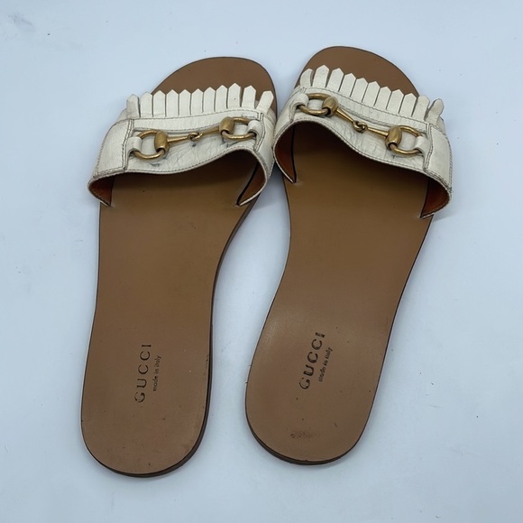Gucci White leather trim horsebit flat slide sandals 39.5 - Picture 5 of 11